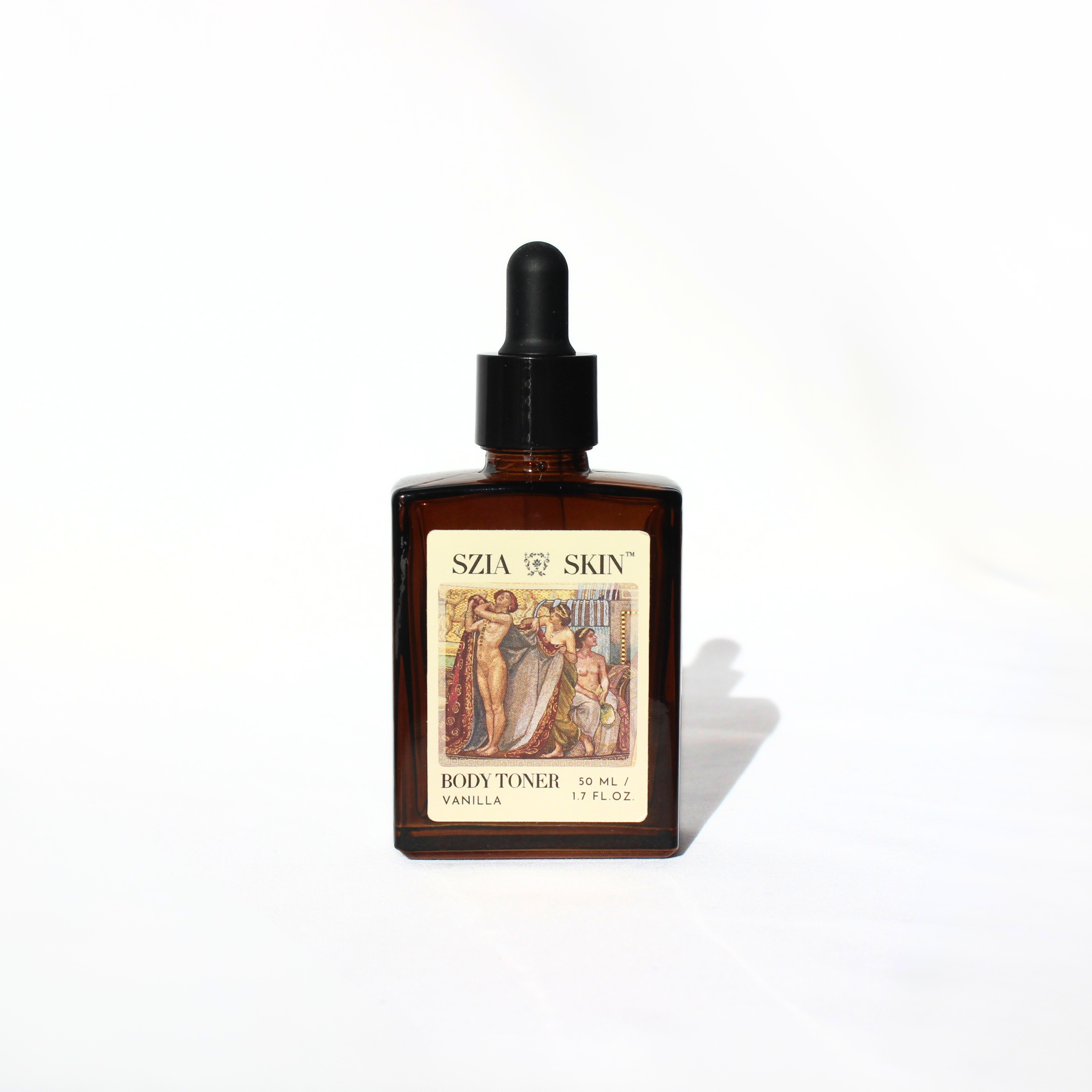 Szia Skin body toner bottle with dropper on a white background